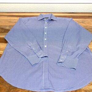 Thomas Dean Mens Blue Gingham Check Dress Shirt 16R Long Sleeve Button Down
